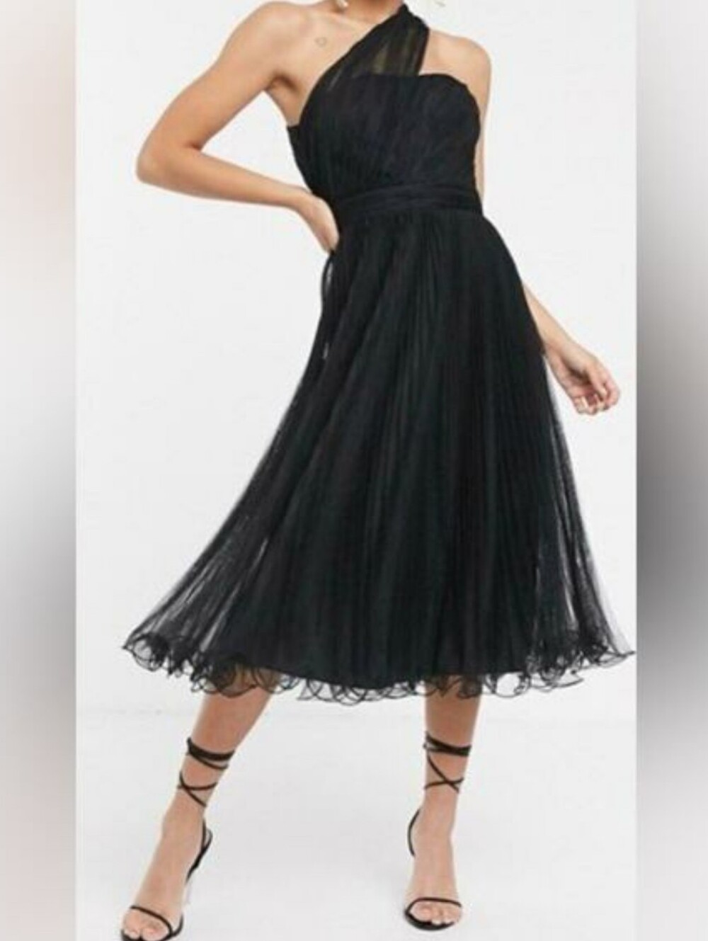 ASOS DESIGN one shoulder tulle wired hem midi dress In Black Size 6